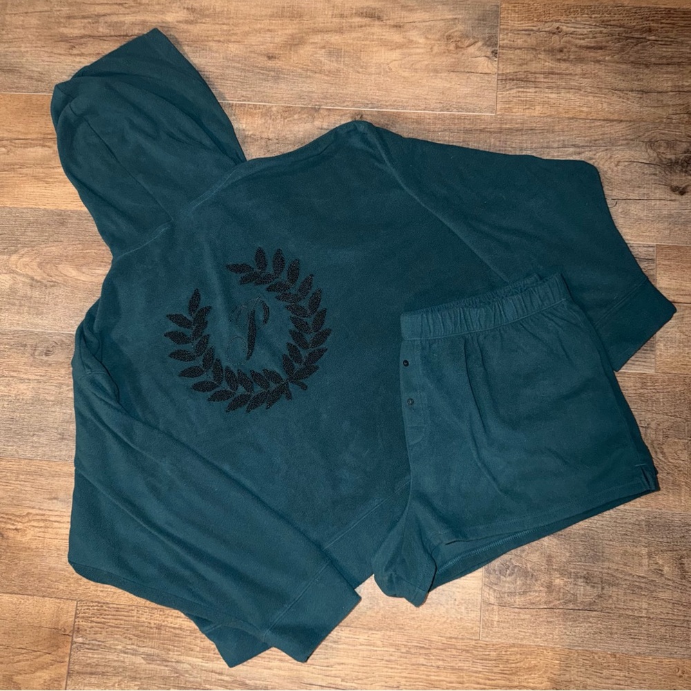 Victoria’s Secret PINK polar fleece hoodie shorts pj set - ivy green crest XXL - Picture 2 of 12